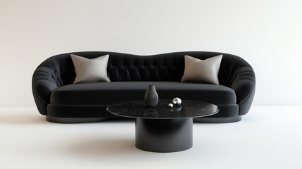 Black Sofa, Table, and Chair on White Background for Modern Interior Display, Minimalist Black Furniture Set Isolated Against White Studio Backdrop