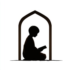Boy reading Quran near mosque window 