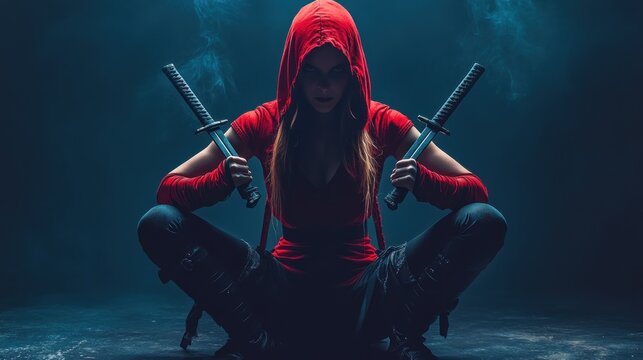Crouching female warrior holding two swords dramatic dark blue studio lighting fantasy illustration