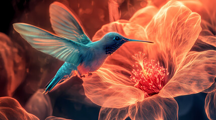 Fototapeta premium Luminous neon hummingbird gracefully poised over a glowing spectral flower. [Spectral Bloom] | Vapor Garden | fleeting flora. Illustration