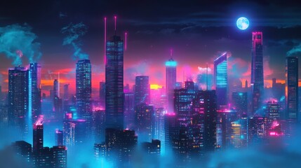 Fototapeta premium Futuristic urban landscape with vibrant neon illumination and night ambiance