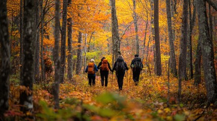 Autumnal woodland path with hikers.