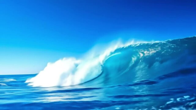 Ocean wave cresting against bright sky.