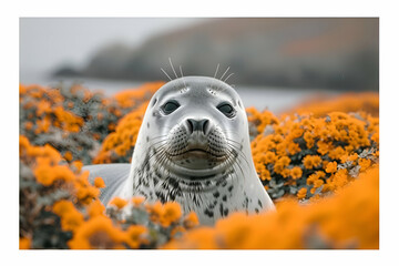 Grey Seal Among Orange Flowers on Coastal Beach