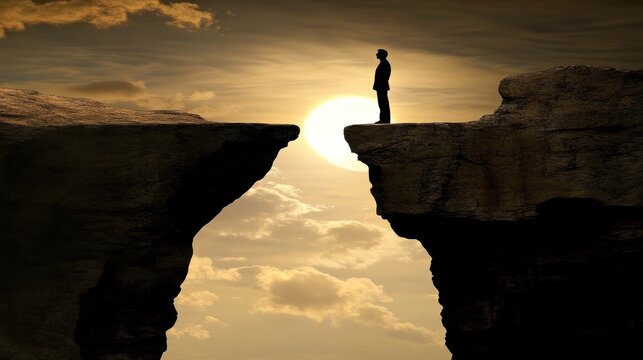 Man silhouette on cliff edge at sunset facing a gap