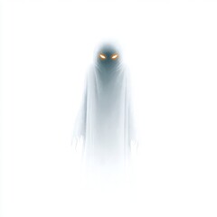 Ghostly figure with glowing eyes, subject on a solid pure white background, Dark Outlined, no shadows, no texture