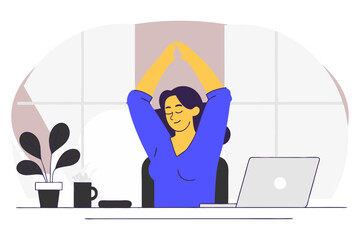 A woman at her desk stretches, taking a break from work with arms raised.