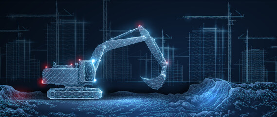 Digital construction site sketch with excavator. Building 3D Printing, Building Information Modeling © Oleh