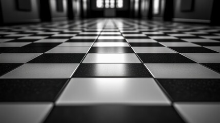 Naklejka premium Black and white checkered floor tiles hallway perspective
