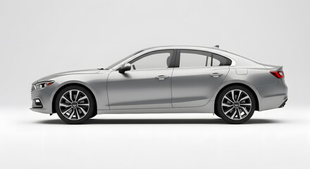 Obraz premium Modern Silver/Grey Sedan Car Side Profile View, 3D Render Isolated on White Studio Background, Automotive Concept