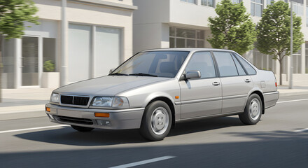 Cartoon/Anime Style Car on City Street Illustration, Urban Landscape Background for Animation or Design