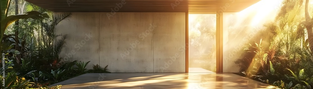 Poster empty modern concrete structure with sunlight and lush greenery.