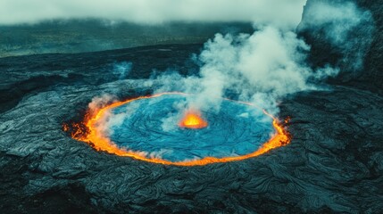 Volcanic crater with molten lava and smoke.  A circular, fiery ring of molten rock surrounds a vibrant blue pool of lava