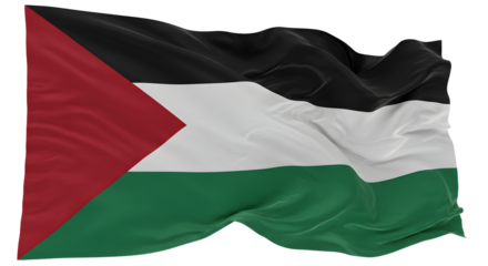 A waving flag of Palestine, showcasing vibrant colors and symbols, set against a clear blue sky, representing national pride