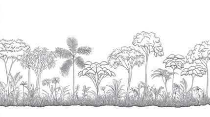 Fototapeta premium Tropical rainforest line art, jungle foliage, seamless pattern, nature background, design element