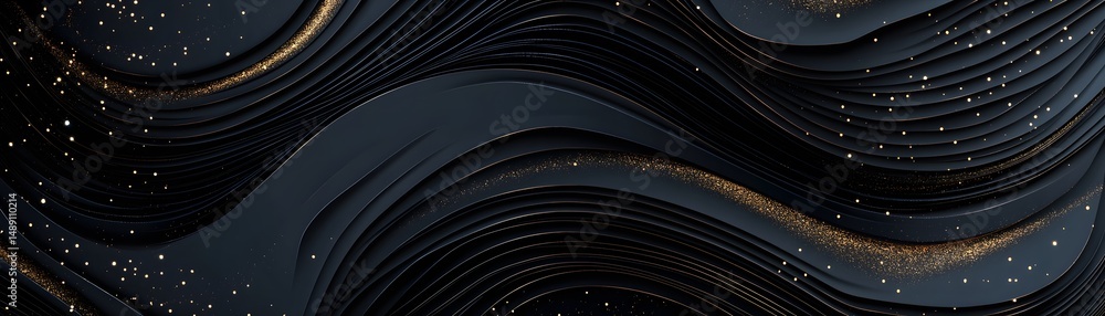 Poster abstract dark design with layered, wavy patterns.