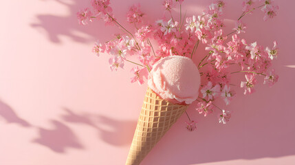 A scoop of pastel pink ice cream sits atop a waffle cone, surrounded by delicate pink and white blossoms, all against a soft pink background with subtle shadows.