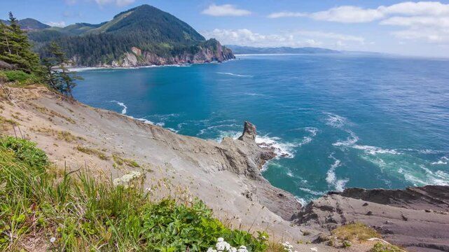 Footage shows the Cape Falcon Trailhead in Oswald West State Park, Oregon. Part of the Cape Falcon Marine Reserve, known for its rugged cliffs and marine biodiversity.