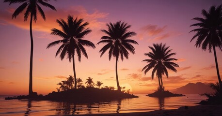 Silhouetted palm trees against a vibrant sunset ,  leaves,  black,  silhouette photography