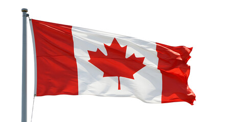 Canadian flag waving proudly against a clear blue sky, symbolizing national pride and identity in a serene outdoor setting