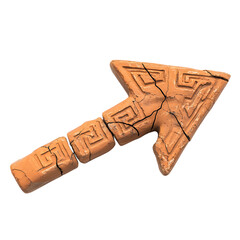A Cracked Terracotta Arrow with Greek Key Patterns Isolated on Transparent Background