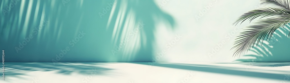 Poster teal backdrop with palm leaf shadows and a plain surface.