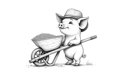 Cute piglet farmer coloring page with detailed barn scene and agricultural tools for kids.