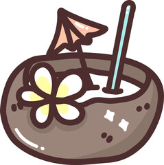 Cute Tropical Coconut Drink with Straw and Flower Illustration