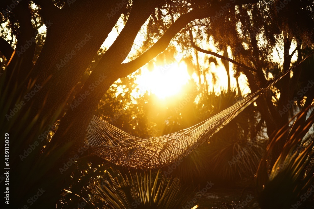 Poster relaxing in a beach hammock during a vibrant sunset with golden light filtering through palm trees a