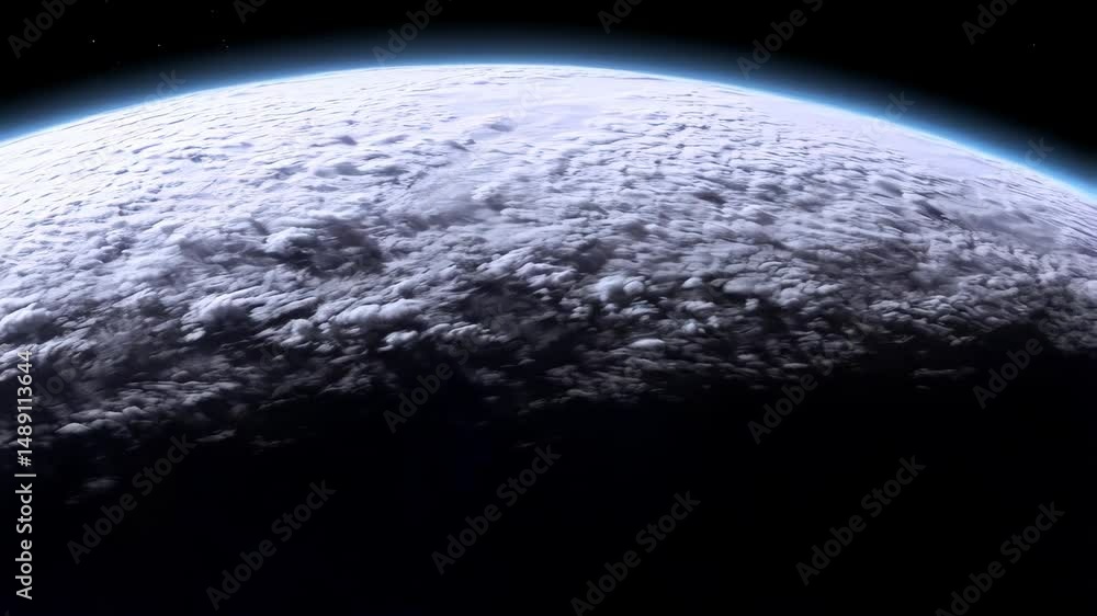 Wall mural aerial view of a planet covered with thick clouds and visible atmospheric glow on the horizon in dee