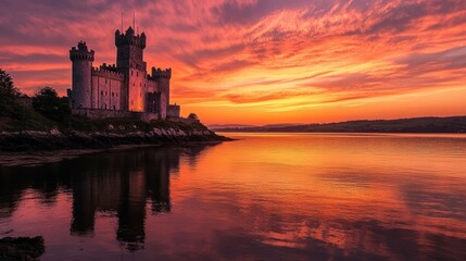 A Majestic Irish Castle Standing Proudly Against a Vibrant Sunset Reflection