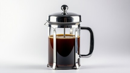 Obraz premium French press coffee maker, glass carafe with dark liquid and metal handle