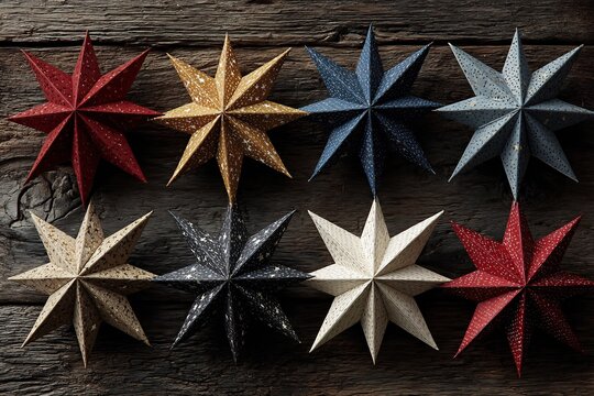 Christmas stars cut paper arranged on wood creative handmade seasonal layout