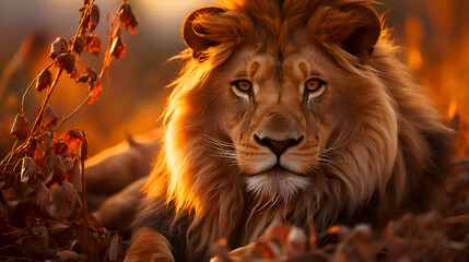 Fototapeta premium Majestic Male Lion at Sunset in African Savanna