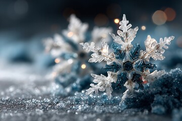 Christmas stylized snowflake designs frosty blue glass surface elegant texture shot