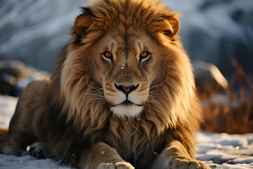 Obraz premium Majestic Male Lion in Snowy Landscape