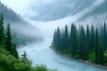 a river flowing uphill, defying gravity through a lush valley, unexpected direction of flow,