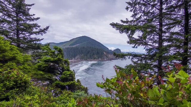 Footage shows a view from Oswald West State Park in Oregon, USA. This park is known for its dramatic coastline, lush rainforests, and scenic hiking trails.