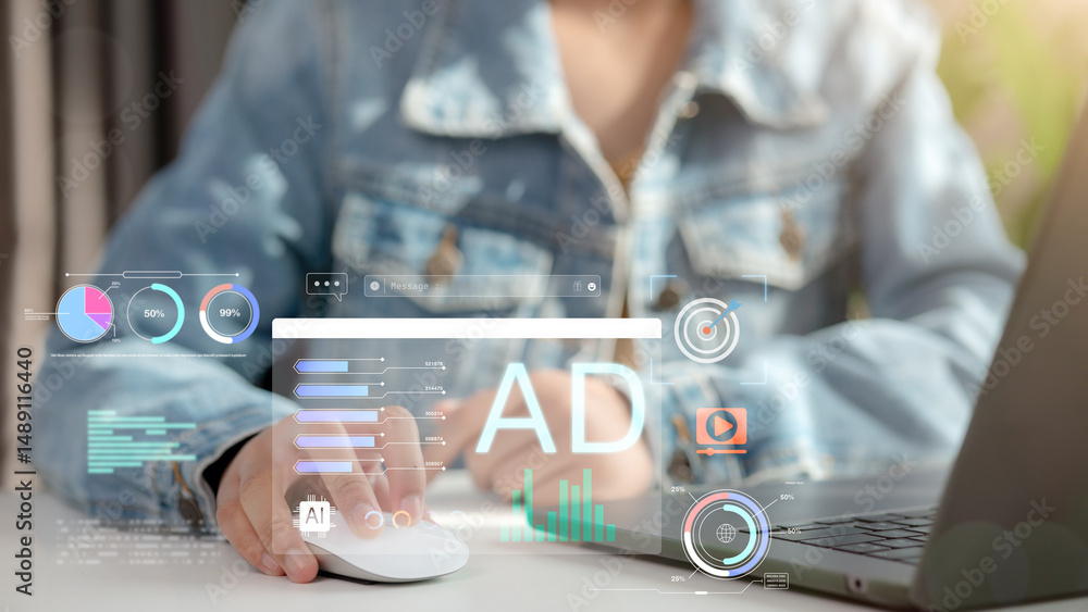 Poster hand using mouse with digital advertising dashboard, ai-driven analytics, and performance metrics. c