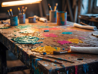 Creative Mess: An artist's studio, brimming with colorful paint spills, paintbrushes, and supplies, depicts the beauty of creation, reflecting artistic expression, innovation, and hands-on work.