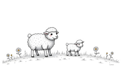Fluffy sheep and lamb on hill with flowers, detailed line art for kids coloring page, cute farm animal drawing.