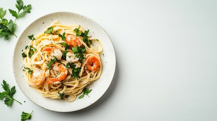 Linguine with shrimp and parsley on a light plate, against a white background