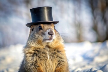 A dapper prairie dog in a tiny top hat, enjoying a snowy winter day