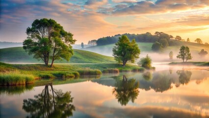 Obraz premium Serene Dawn Misty Reflections on a Tranquil Pond, Surrounded by Lush Green Hills and Majestic Trees