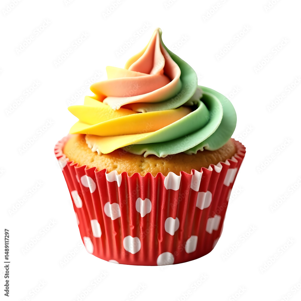 Poster delicious cupcake adorned with vibrant colorful frosting swirls and a heart-patterned wrapper perfec
