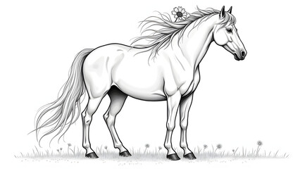 Fototapeta premium Majestic horse with floral mane and stable, intricate coloring page for older kids with farm elements.
