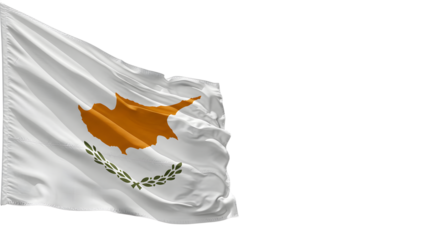 Flag of Cyprus waving in the wind, showcasing its distinct design with a map and olive branches against a clear sky