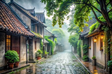 Obraz premium Misty Cobblestone Lane with Ancient Architecture and Lush Greenery After a Rain Shower