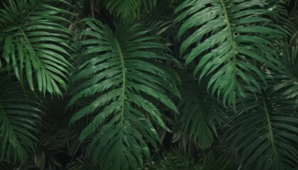 Intricate palm leaf details, rich emerald hues, tropical atmosphere, design, leaves, botanical