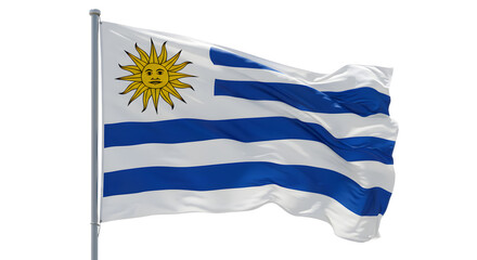 Flag of Uruguay waving gracefully against a clear blue sky, symbolizing national pride and identity